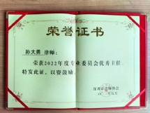 深圳律师协会专业委员会优秀主任证书