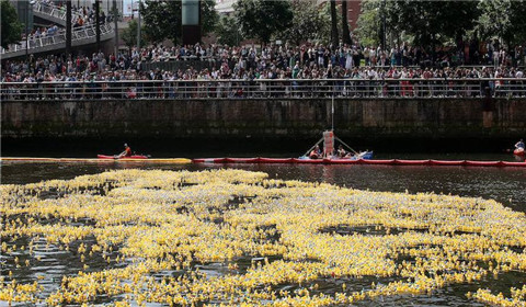 为筹善款西班牙举办“小黄鸭”游泳赛 3万只小黄鸭参加
